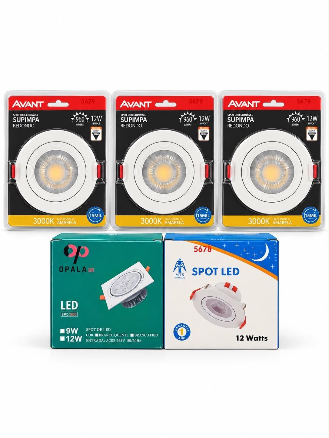 Kit com 05 pc de spot 12w a escolher : Branco frio , morno ou quente .