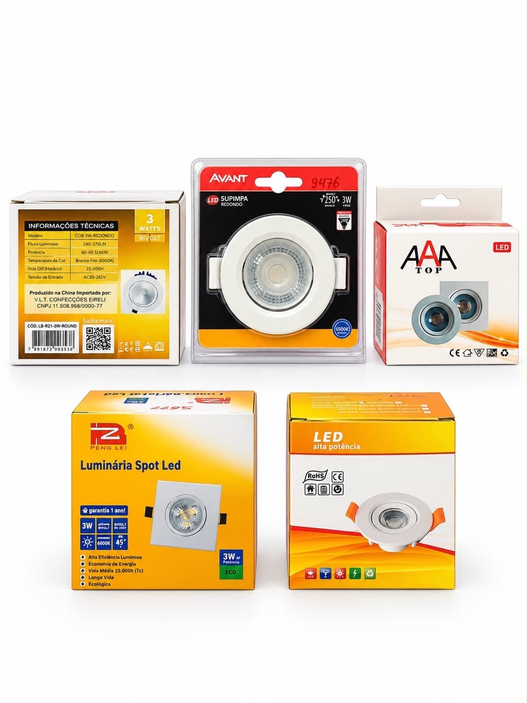 Kit com 05 pc de spot 3w branco quente , morno ou frio